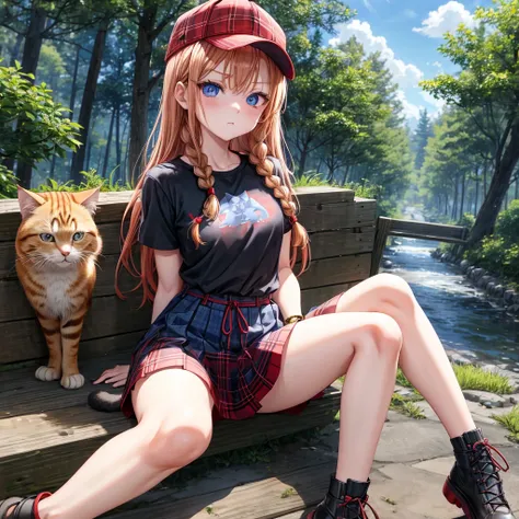 red blonde、blue eyess、Braids、one good looking girl、独奏、animesque、Plaid miniskirt、Black T-shirt、camisole、the woods、Sunlight、sitting on、Wearing a plaid baseball cap、bare-legged、small bracelet、Tilting your face、Hugging a cat、glaring