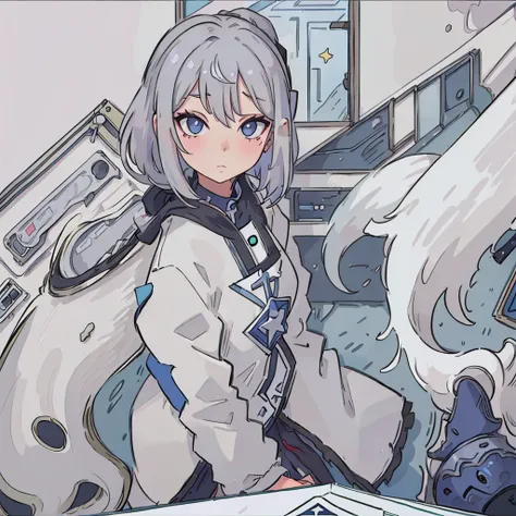 Girl with Silver hair and detailed grayish Otaku clothing, sentada en la computadora, Fondo de un cuarto gamer y con algunas figuritas de anime , Estrellas en una ventana, , Detalles intrincados, Cara perfecta