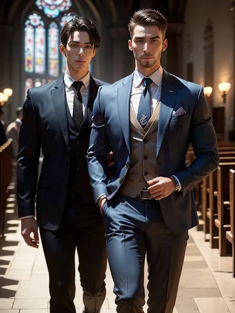 k hd，8K分辨率，professional photoshooting，profesional lighting，two very attractive men，(Handsome(brunette)，European people，25 age old，Big handsome guy，twincest，Blue eyeearded，Brush cut，(ssmile)，tall, cool and handsome，cool guy，The two men walked closely togeth...