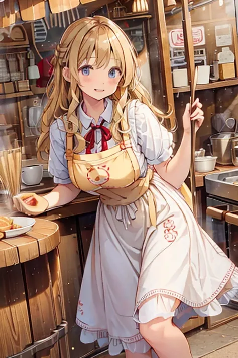 A girl with blonde wavy hair wearing a cute apron dress