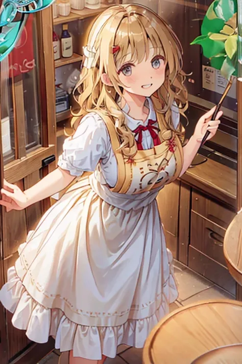 A girl with blonde wavy hair wearing a cute apron dress