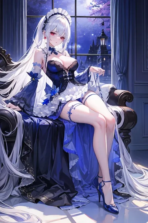 royal family member，Lolita prostitute，Blue color scheme，white long straight hair，red eyes，ear nipple ring，secretary，leg loops，windowsill，starrysky，black silk high heels，long  skirt，Serious，Lace headband，Lace gloves ，maid，Erlang legs