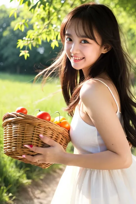 L Girl, Long hair, Round face, Big eyes, long white dress,Smiling, Basket with cherry tomatoes, Skirt blowing in the wind，early summer,Comics、 Park, golden leaves, forest panorama, front