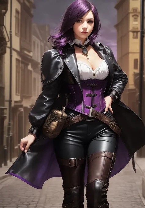 Brunette, (short black to purple ombre hair), ((solo female)), ((solo)), caucasian, ((steampunk attire)), ((adventurer attire)), rogue, (full body), puffy sleeved white blouse, ((victorian era street)), ((black leather pantrown vest)), ((small breasts)), (...