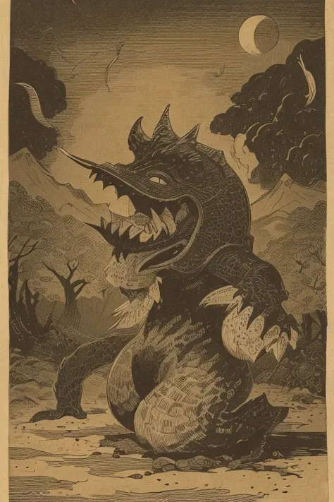 ((Chojugiga)), ((Shihon Bokuga)), antique, (anthropomorphism), (Sumi-e), Monochrome art, (Old paper style illustration), (hunting paintings), Mural style, Little monster, old performance, variational pointillism, flat illustration, eerie, horror elements, ...