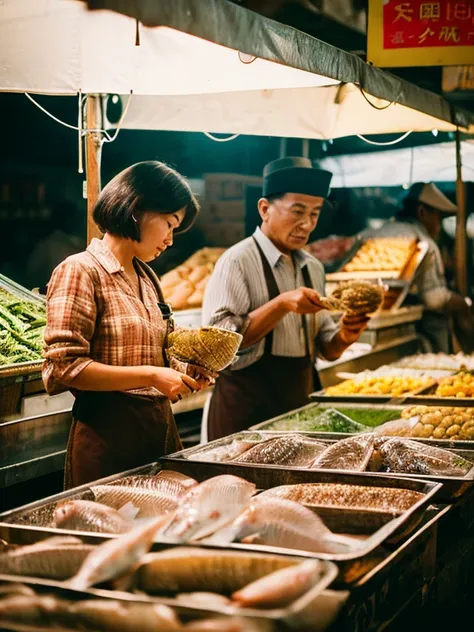 High resolution UHD, 32k Nikon camera, Lieca lens, realistic image in an ancient style, sharp face, capturing every detail, 60s era, atmosphere in a fresh market, fish stall.  A Chinese man and woman in their 60s, wearing faded, worn out shirts and short h...