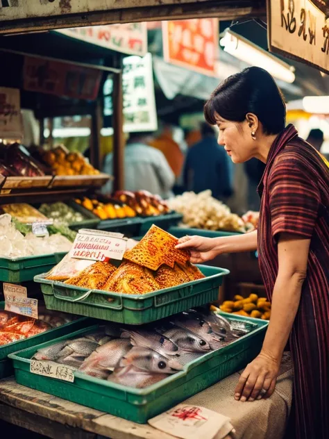 High resolution UHD, 32k Nikon camera, Lieca lens, realistic image in an ancient style, sharp face, capturing every detail, 60s era, atmosphere in a fresh market, fish stall.  A Chinese man and woman in their 60s, wearing faded, worn out shirts and short h...