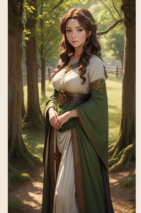 1woman, Celtic goddess Epona, Chestnut brown hair, hazel eyes, druid gown, standing in a barnyard, motherly, posed gently, looking at viewer, seductive eyes, drawn in the style of Yoshitaka Amano, high res, ultrasharp, 8K, masterpiece, realistic