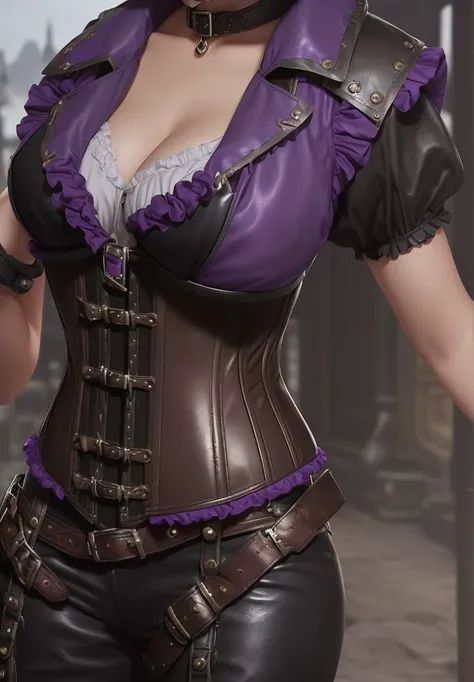 Brunette, ((short hair)), ((black hair)) ((purple highlights)), ((solo female)), ((solo)), caucasian, ((steampunk attire)), ((adventurer attire)), rogue, (full body), ((puffy shouldered white blouse)), ((victorian era street)), ((black leather pantrown ves...