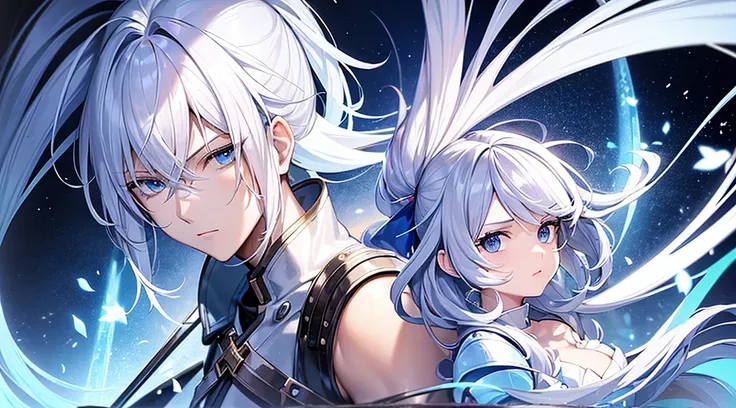 Anime character with white hair and blue eyes holding a sword, close up of a young anime girl, portrait knights of zodiac girl, guilty gear strive graphics, pale blue armor, from bravely default ii, character close-up, close up character, character close-u...