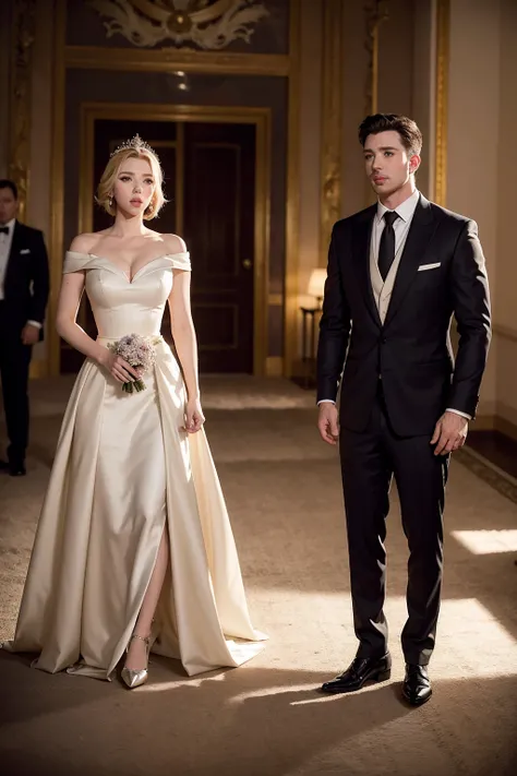 Scarlett Johansson e Chris Evans, vestidos com trajes reais deslumbrantes, depict royalty in a magnificent scene. Their clothes display a perfect combination of elegance and sophistication., while their expressions reflect the majesty of a regal couple. Th...