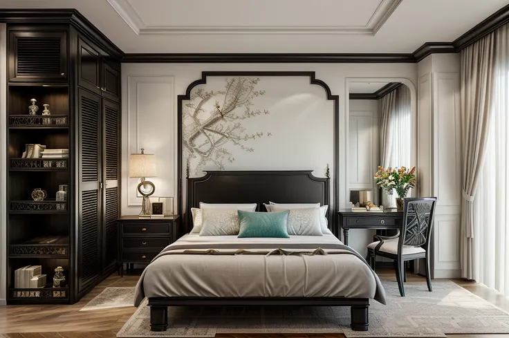 indochine bedroom interior design, a bedroom with bed, lamp, rug, potted plant, pillow, bench, wood floor, black wood furnitures...