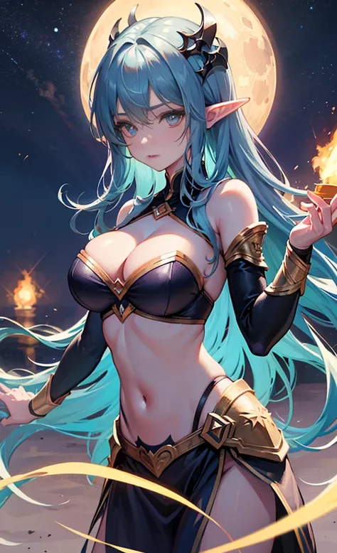 the hair，Nice face，blue bikini armor，Heterochromatic pupil，fully body photo，half moon，under moonlight，(tmasterpiece:1.1),(Best quality:1.1),(HighDynamicRange:1),ambient light,Super girl, mystical elf, looking into crystal ball, holding mysteries, showing a...