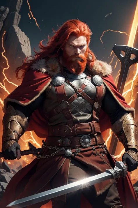 1man, Norse god Thor, red hair, red beard, wearing furs, brown trousers, brown heavy fur cape, chain mail shirt, raging eyes, victorious pose, wielding a hammer, drawn in the style of Yoshitaka Amano. high res, ultrasharp, 8K, masterpiece