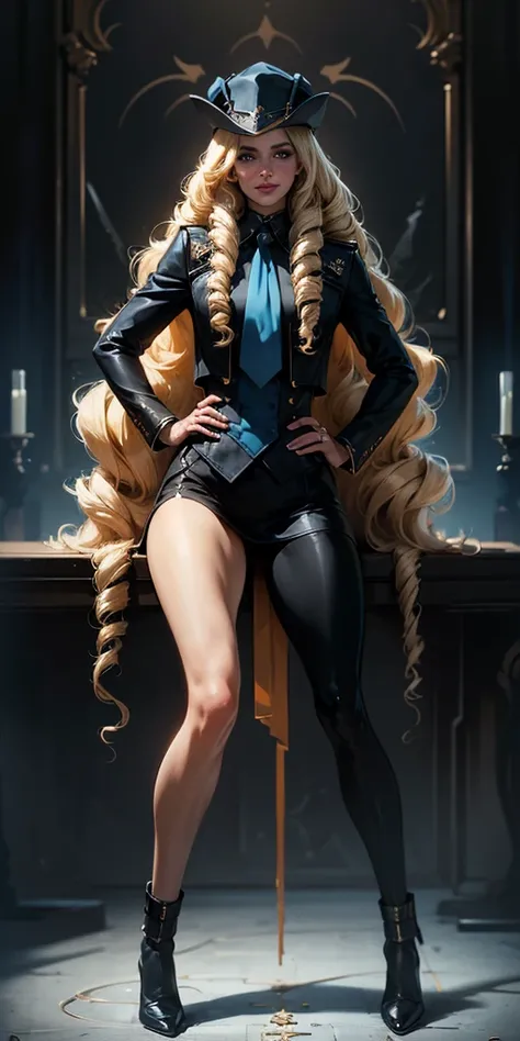 (4k, ultra high resolution, Prominence in Masterpiece, High Quality, Best Quality: 1.2) full body, 1child female, solo, 1girl, 1woman, lustful smirking smile blush, looking at viewer, sitting, blonde hair, long hair, (black jacket), beautiful and detailed ...