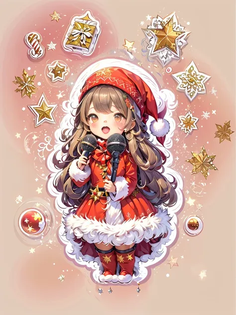 (sticker:1.5), ((1 cute christmas girl wearing a santa hat)，((singing with a microphone)), (((many syllable symbols floating in ...