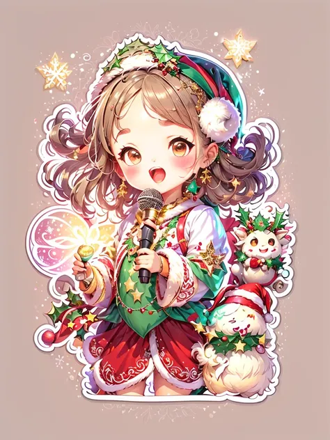 (sticker:1.5), (((1 glowing magical cute Christmas girl, singing with a microphone, Syllable symbols floating in the air)))，清晰的线条，clean backdrop，white backgrounid