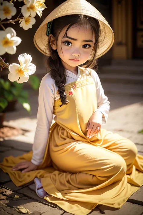 a little girl with big brown eyes, sharp eyebrows, curled eyelashes, wearing a yellow vietnamese ao dai embroidered with flowers...