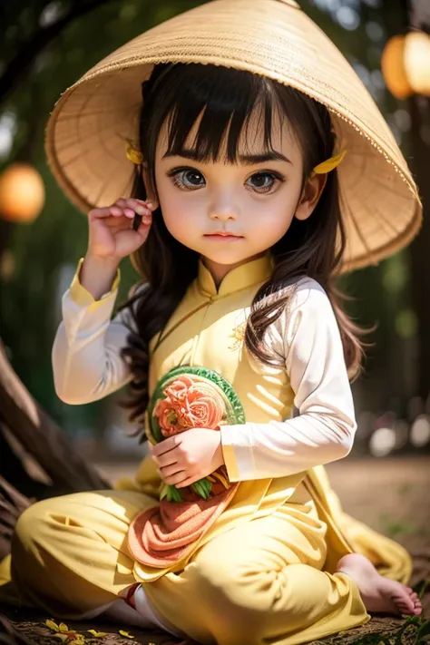 a little girl with big brown eyes, sharp eyebrows, curled eyelashes, wearing a yellow vietnamese ao dai embroidered with flowers...