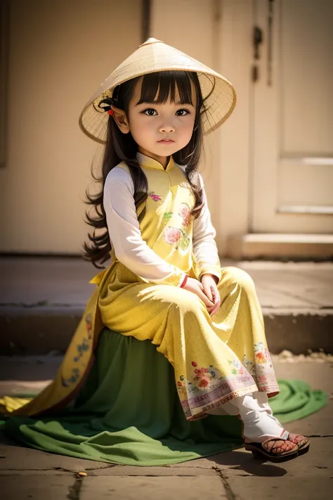 a little girl with big brown eyes, sharp eyebrows, curled eyelashes, wearing a yellow vietnamese ao dai embroidered with flowers...