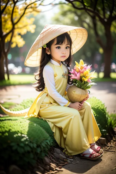 a little girl with big brown eyes, sharp eyebrows, curled eyelashes, wearing a yellow vietnamese ao dai embroidered with flowers...