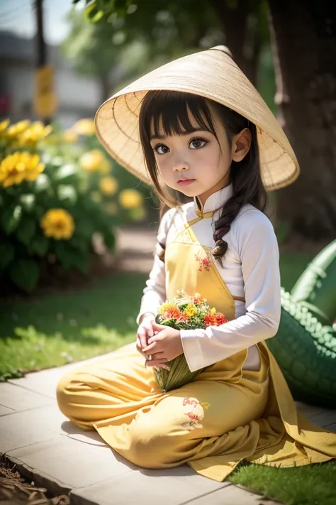 a little girl with big brown eyes, sharp eyebrows, curled eyelashes, wearing a yellow vietnamese ao dai embroidered with flowers...