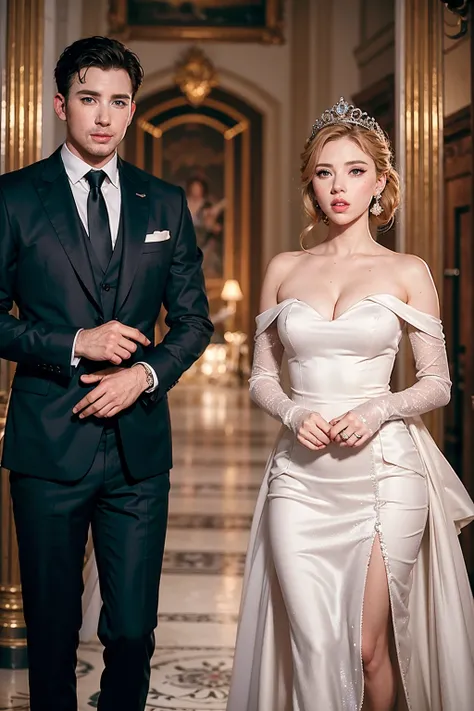 Scarlett Johansson e Chris Evans, vestidos com trajes reais deslumbrantes, depict royalty in a magnificent scene. Their clothes display a perfect combination of elegance and sophistication., while their expressions reflect the majesty of a regal couple. Th...