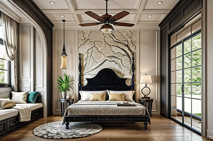 indochine bedroom interior design, a bedroom with bed, lamp, rug, potted plant, pillow, bench, wood floor, black wood furnitures...