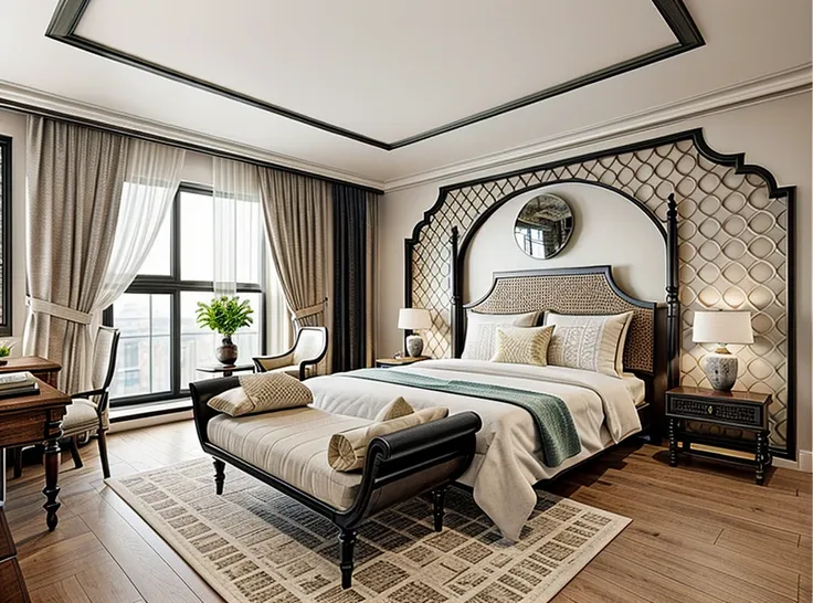 indochine bedroom interior design, a bedroom with bed, lamp, rug, potted plant, pillow, bench, wood floor, black wood furnitures...