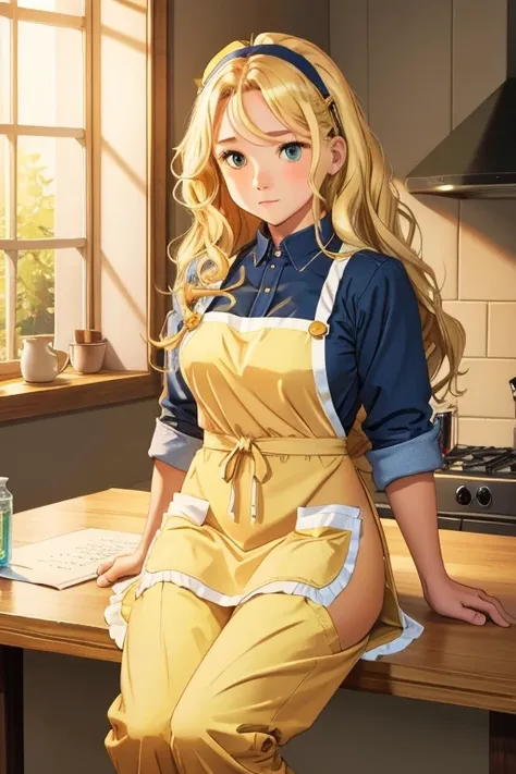 a girl with blonde wavy hair wearing a cute apron dress is sitting with an m shape showing her panties.　make your pants look bet...