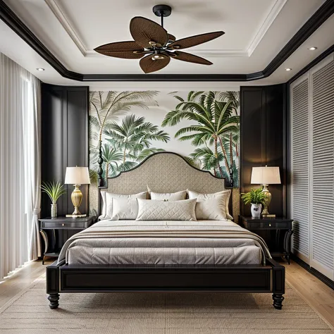 indochine bedroom interior design, a bedroom with bed, lamp, rug, potted plant, pillow, bench, wood floor, black wood furnitures...