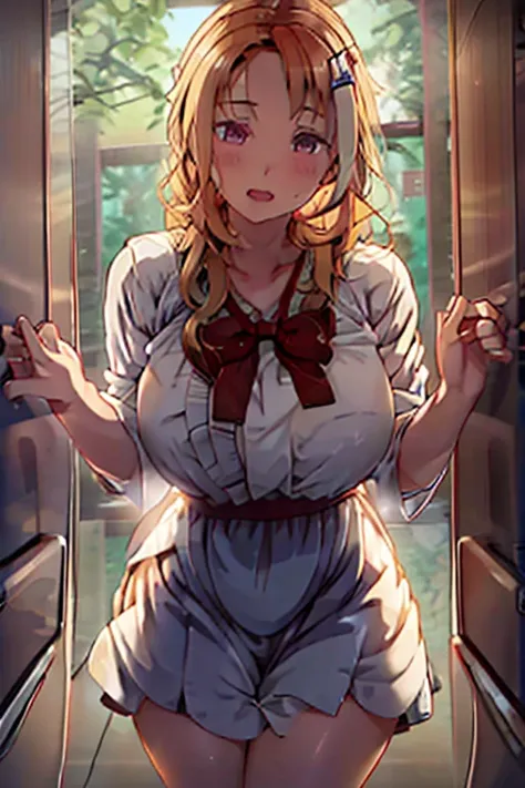 A girl with blonde wavy hair wearing a cute apron dress is sitting with an M shape showing her panties.　Spread your legs wide so you can see your pants clearly　Raise your legs facing straight ahead　NSFW