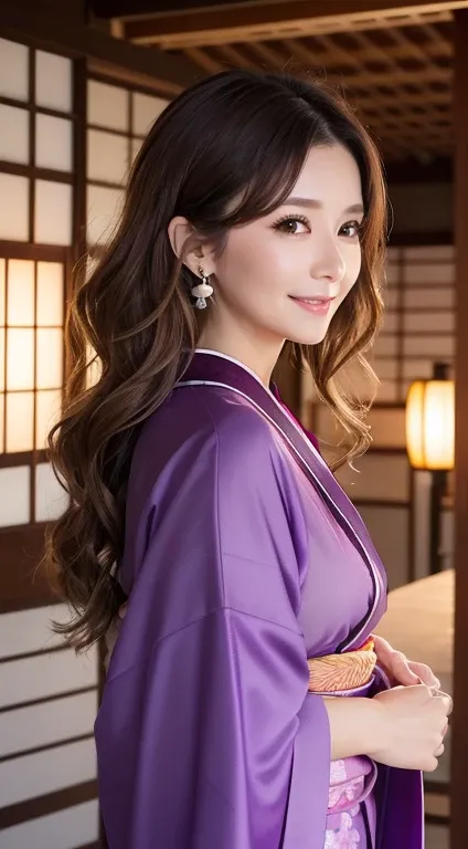 Female((36-years old)), hair((brown, Wavy, long)), Eyerown, Smart Eyes)), Clothes((Purple kimono)), Accessorielower hair clip, earrings)), lipgloss, Smile, Japanese houses, nigh sky, lantern, huge-breasted, huge tit, oppai,