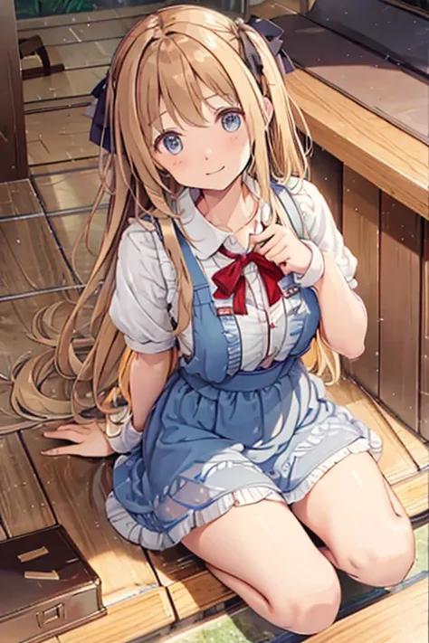 A girl around 15 years old with wavy blonde hair wearing a cute apron dress is sitting on the floor with her legs spread and her legs raised, showing her panties in a gym session..legs spread wide。The chest of the apron dress is exposed and the skirt is ro...