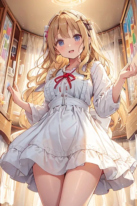 A 12-year-old girl with wavy blonde hair wearing a cute apron dress is standing and looking from below, showing her white panties..legs spread wide。The chest of the apron dress is exposed and the skirt is rolled up。The chest is visible and it is viewed fro...