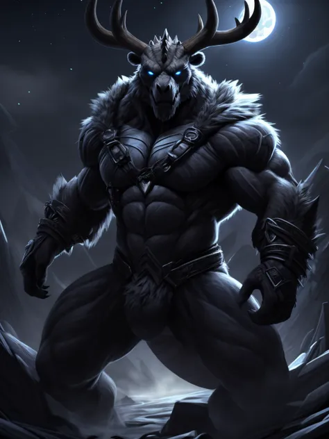 monster, furry body, scales on abs, majestic fur mantle, sharp dragon teeth, wendigo skull, elk horns, giant, bear body, threatening, stands menacingly, full body, raptor like legs, proporcional muscular arms, big reptile tail muscular, illustration, (best...