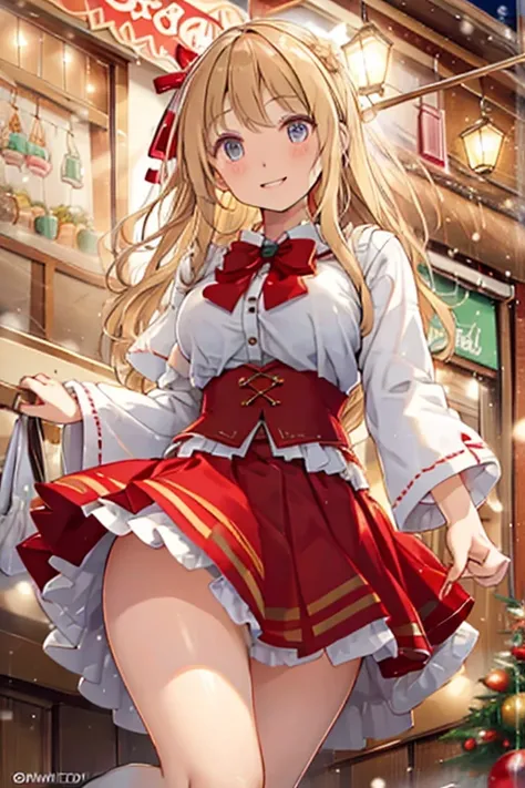 A 12-year-old girl with wavy blonde hair wearing a cute red Christmas costume is greeting someone by holding her skirt with both hands, and her white panties are visible from below..legs spread wide。Her breasts are exposed and her skirt is rolled up。The ch...