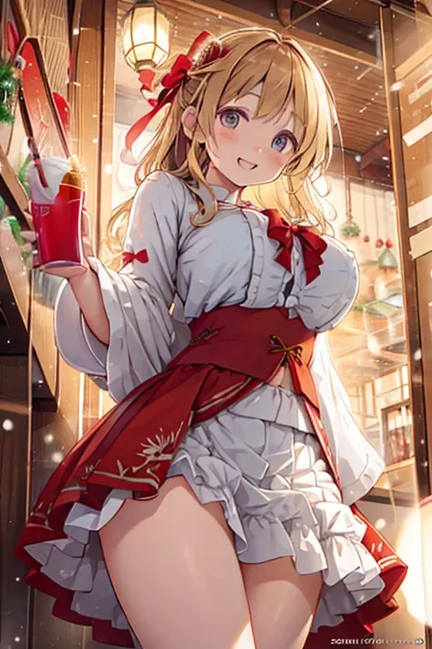 A 12-year-old girl with wavy blonde hair wearing a cute red Christmas costume is greeting someone by holding her skirt with both hands, and her white panties are visible from below..legs spread wide。Her breasts are exposed and her skirt is rolled up。The ch...