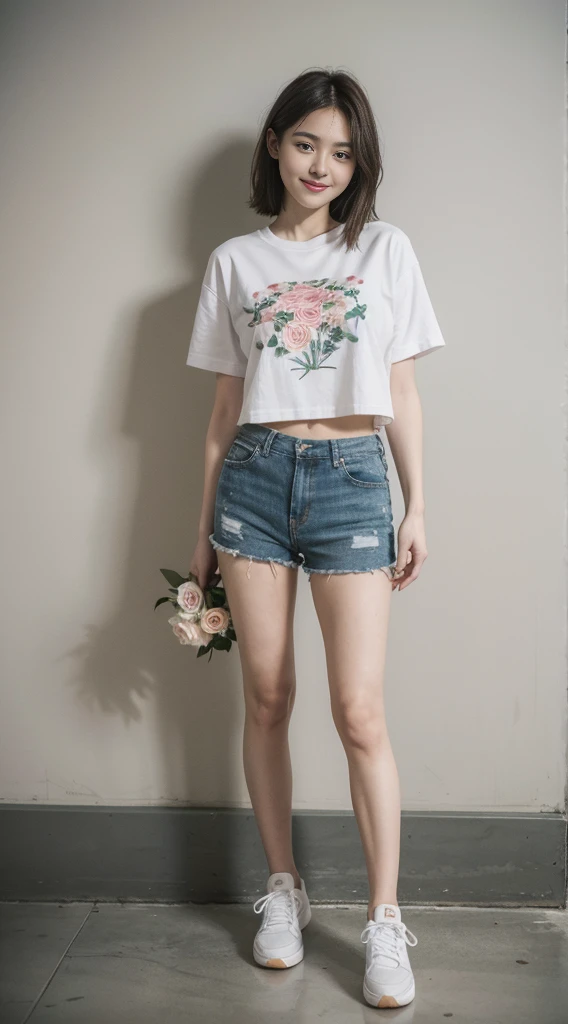 Masterpiece, young beautiful girl, Smiling, Looking at the camera, standing in front of a bouquet of roses, wearing shorts and t shirt, White sneakers. Wear a top and shorts, Flowers, full body photograph, casual pose, shapely legs