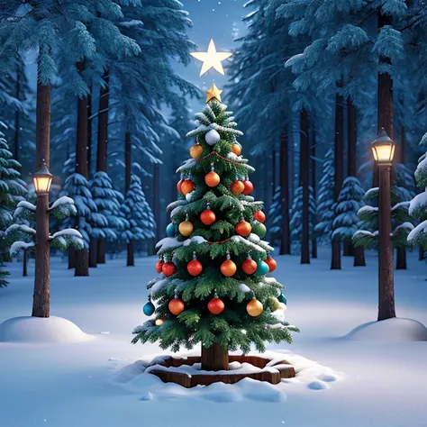 Christmas tree in middle snow forest with tree decoration baubles