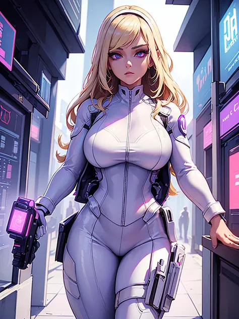 ((Best Quality)), ((Masterpiece)), (Detail: 1.4), Intricate details, Cinematic lighting, Sharp focus, Detailed face, Cyberpunk woman with blonde hair, Cybernetic purple eyes, Glowing eyes, (White business outfit:1.5), Tall woman, (holster:1.4), Futuristic ...