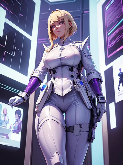 ((Best Quality)), ((Masterpiece)), (Detail: 1.4), Intricate details, Cinematic lighting, Sharp focus, Detailed face, Cyberpunk woman with blonde hair, Cybernetic purple eyes, Glowing eyes, (White business outfit:1.5), Tall woman, (holster:1.4), Futuristic ...