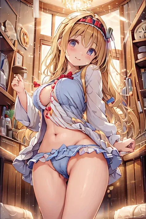 A 12-year-old girl with cute blonde wavy hair and a headband is standing completely naked facing backwards, showing her ass, anus, pussy, and nipples.。Panties。I dont wear any underwear。SEX。NFSW