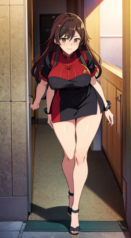 (a anime girl hand on her pussy sexy) (breast size 34) (shy and cute face) (black and red color dress)