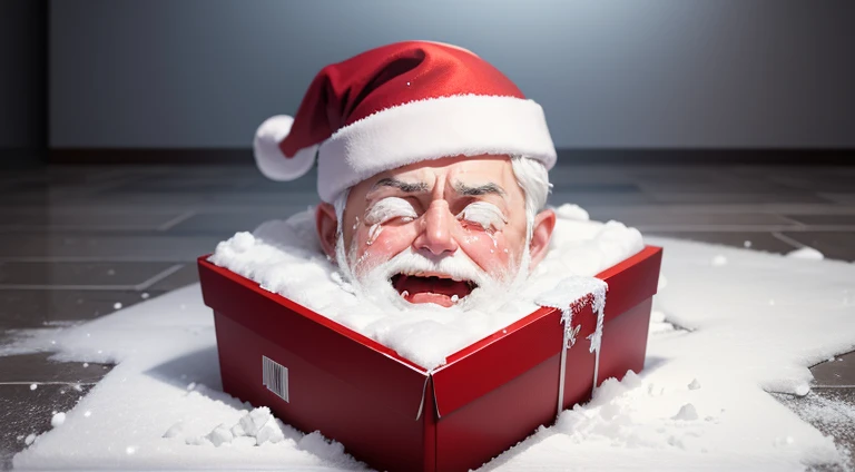 snowfield，Santa Claus crying loudly，Santa Claus full body，Broken gift box，Broken gift boxes all over the floor