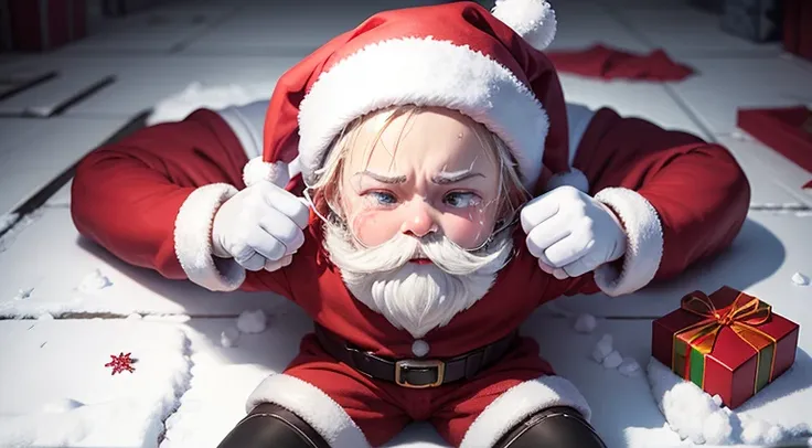 snowfield，Santa Claus crying loudly，Santa Claus full body，Broken gift box，Broken gift boxes all over the floor