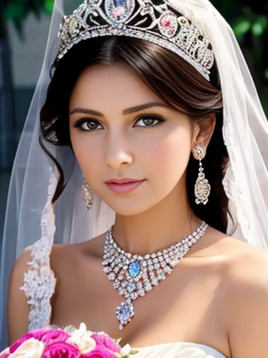 Lebanese lady, earrings, naked, necklace, bracelets, diamonds, 40 years old, strapless wedding dress, tiara and veil, bouquet, portrait, western style wedding, bright colors