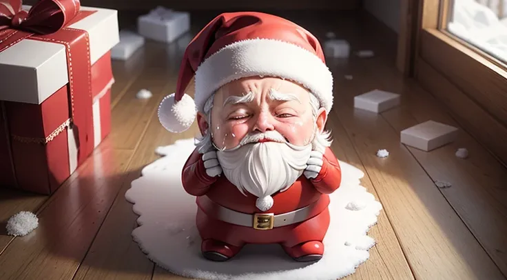 snowfield，Santa Claus crying loudly，Santa Claus full body，Broken gift box，Broken gift boxes all over the floor