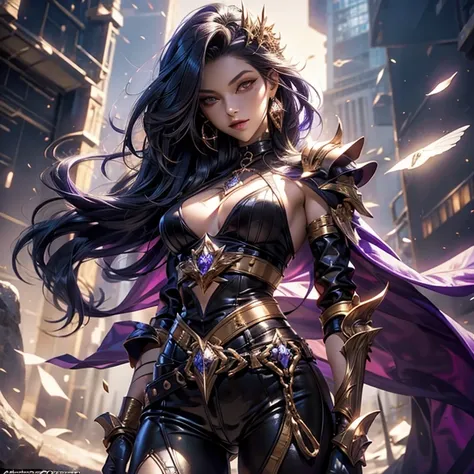 (masterpiece, best quality),1girl with long purple-black hair standing on the edge of a sky scraper, swedish face with sharp features, warm lighting,  glowing purple eyes, (golden-tan skin: high priority),detailed-beautiful eyes,gothic fantasy armour