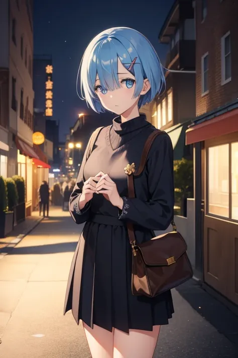 rezeroRemu, Remu, Blue eyes, Blue hair, Hair Ornament, Hair over one eye, hair ribbon, Short hair, x Hair Ornament,long court，muffler，V-neck sweater，Black long skirt，brown short boots，In the street，Winters，yuki，illuminations，BREAK looking at viewer, BREAK ...